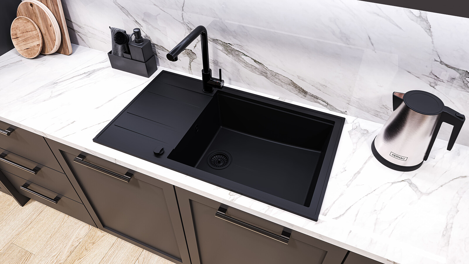 Czarny zlewozmywak Kernau KGS Q 5077 1B1D DEEP BLACK w marmurowej zabudowie