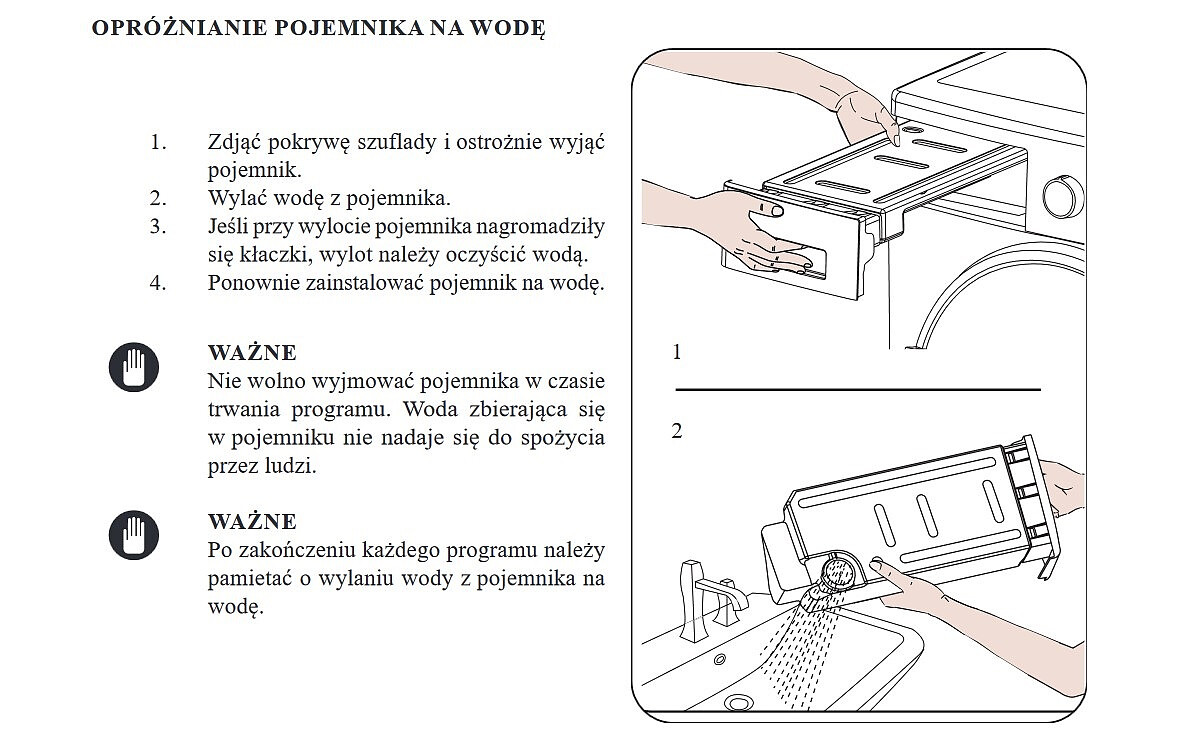 Instrukcja jak opróżnić pojemnik na wodę w suszarce