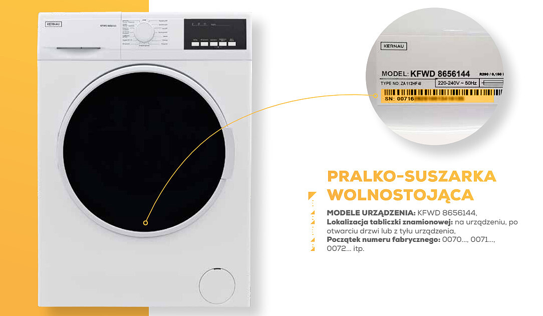 Pralko-suszarka Kernau KFWD 8656144 z lokalizacją tabliczki znamionowej.
