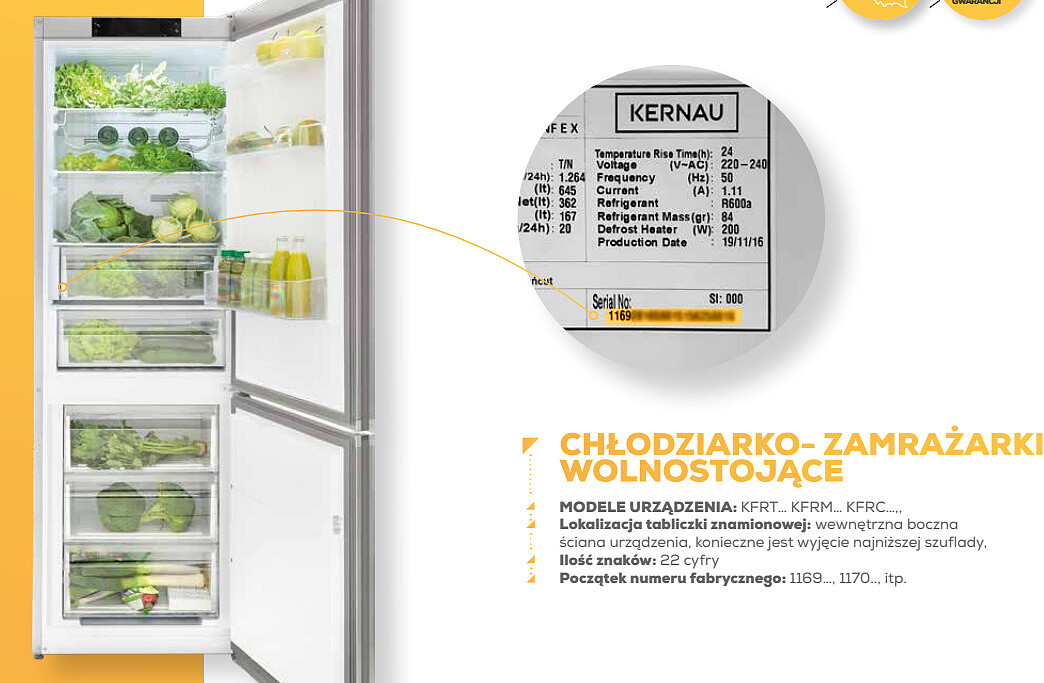 Umiejscowienie tabliczki znamionowej na lodówce Kernau KFR 18262.1 W