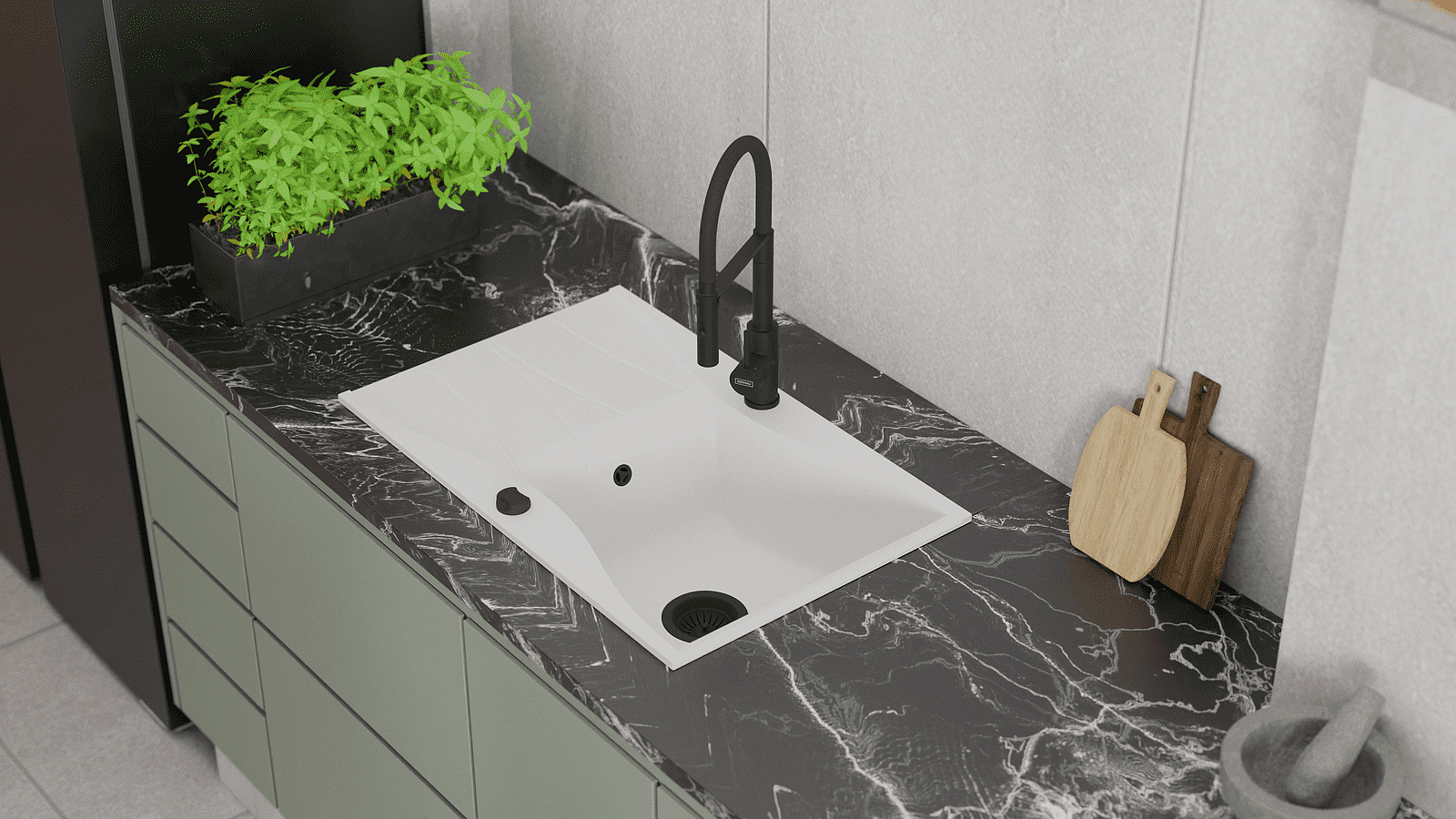Granitowy zlew Kernau KGS J 5079 1B1D PURE WHITE w białym kolorze
